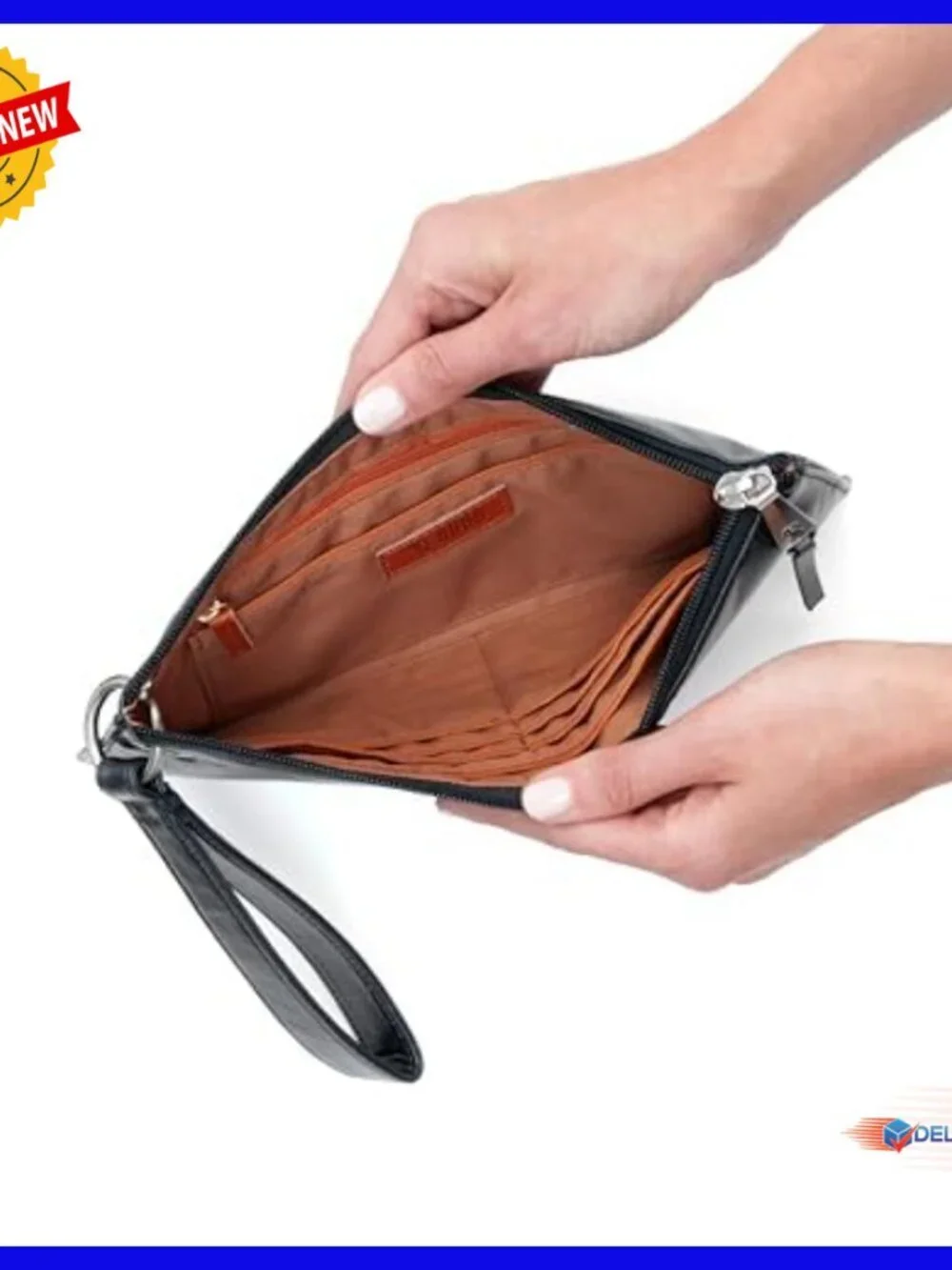 Leather Wristlet Wallet with Card Slots and Zip Pocket, Wrist Strap